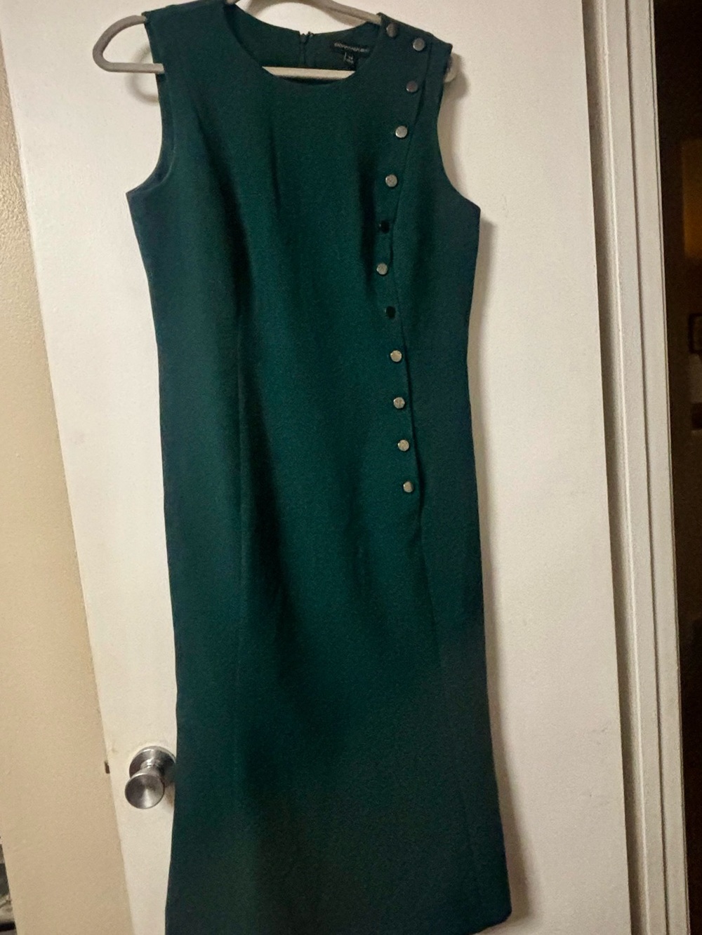 Banana Republic Dark Green Sleeveless Sheath Dress with Asymmetric Button Trim